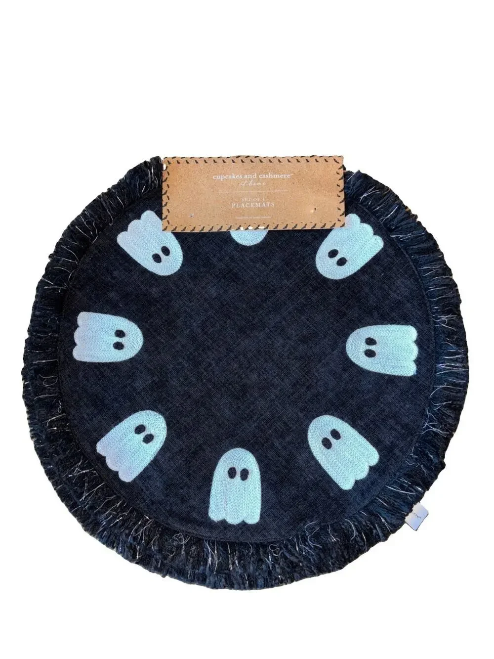 Cupcakes & Cashmere Ghost Round 15” Halloween Black Crushed Velvet Placemat Set